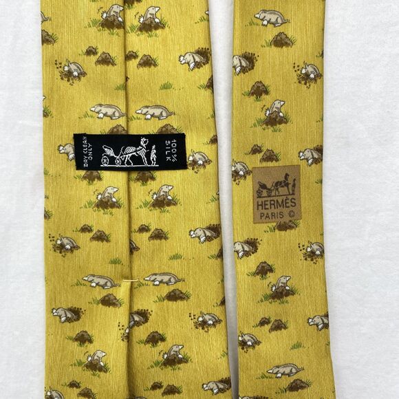 Hermes Paris Tie Mens Yellow Silk Mole Animal Novelty Pattern Luxury Necktie - Picture 4 of 8